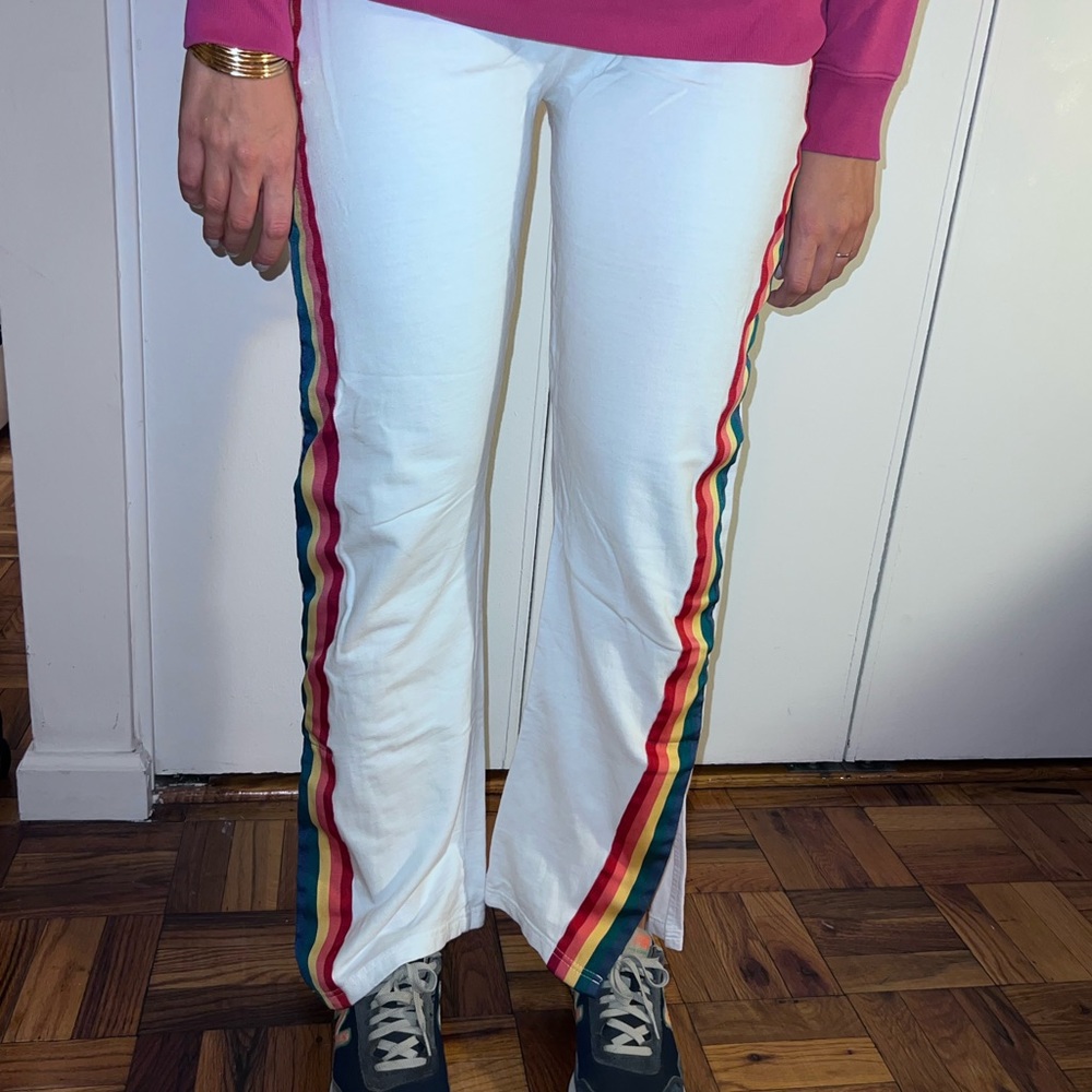 White sweatpants with rainbow stripes 🌈